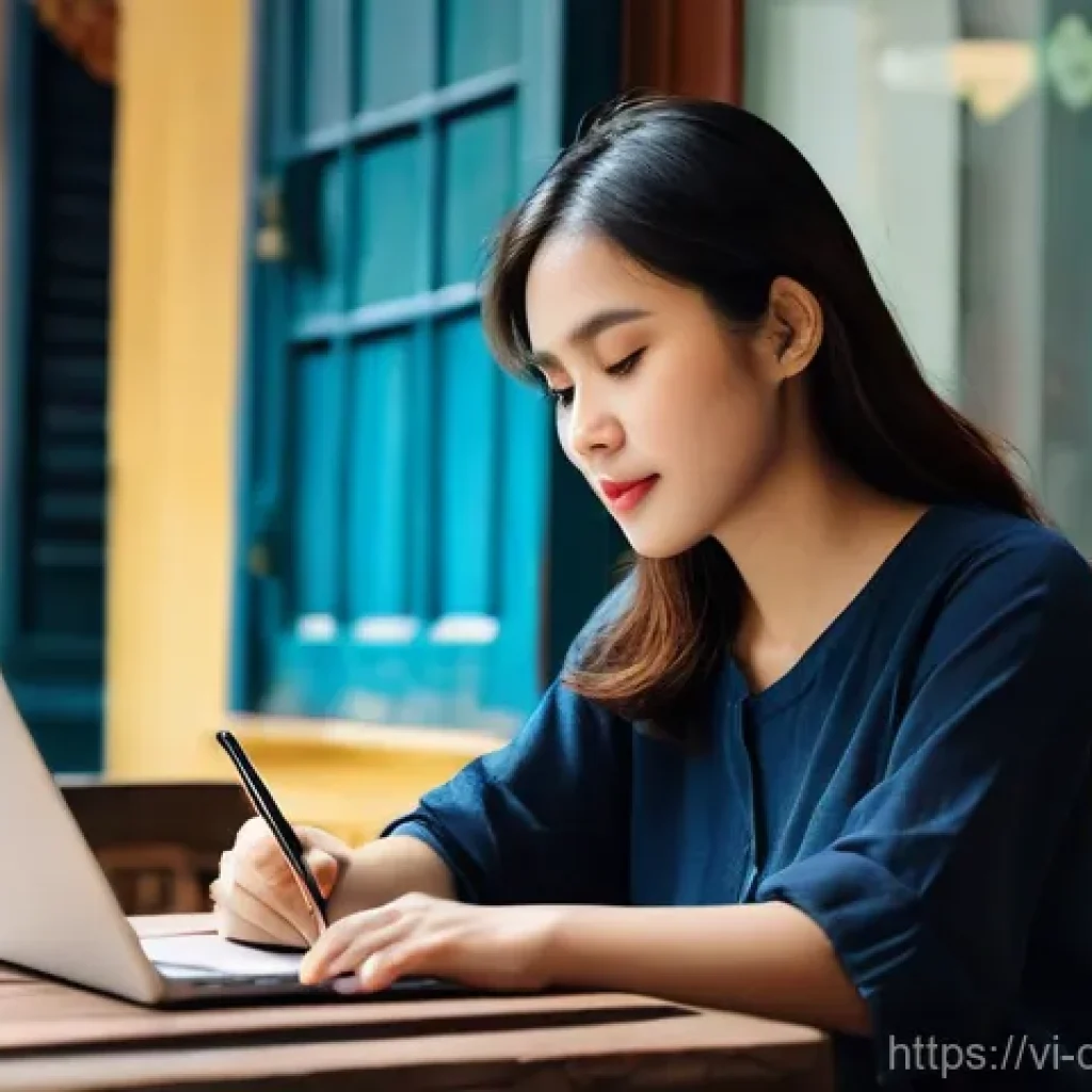 스몰 데이터 활용의 모범 사례 - A warm and inviting image of a young Vietnamese female blogger, in her early 30s, wearing modest, ca...