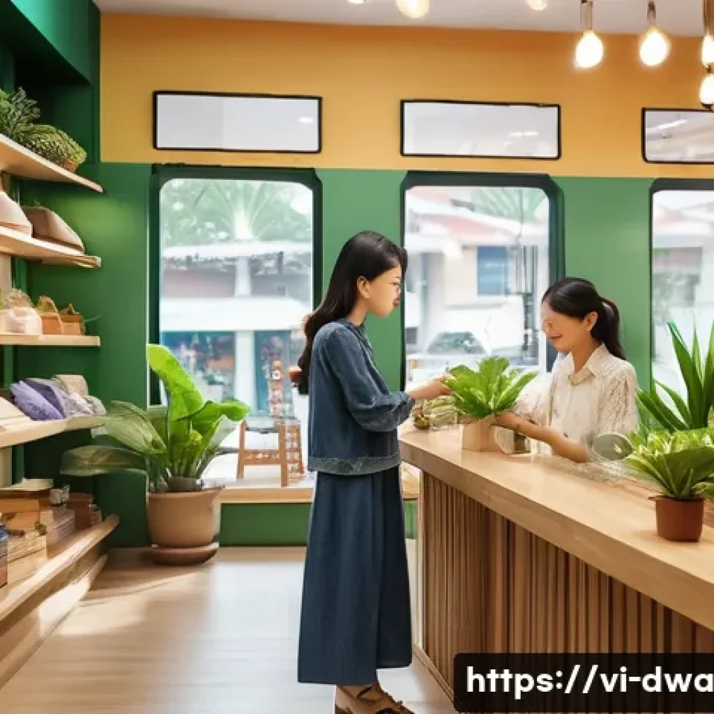 스몰 데이터 활용의 효과적인 사례 공유 - A cozy Vietnamese boutique clothing store interior with shelves displaying diverse apparel, a friend...