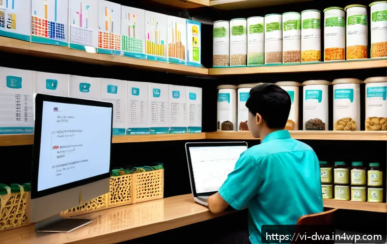 스몰 데이터 활용을 위한 예산 관리 - A Vietnamese small retail shop interior showing a local shop owner analyzing customer purchase data ...