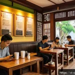 Home 23 스몰 데이터 활용을 위한 교육 프로그램 - A cozy Vietnamese coffee shop interior in Hanoi during the morning rush, featuring a diverse group o...