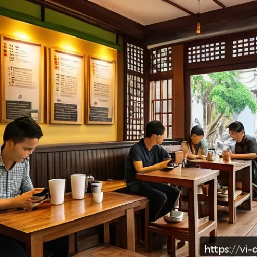 Home 17 스몰 데이터 활용을 위한 교육 프로그램 - A cozy Vietnamese coffee shop interior in Hanoi during the morning rush, featuring a diverse group o...