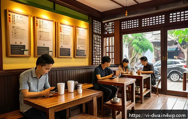 스몰 데이터 활용을 위한 교육 프로그램 - A cozy Vietnamese coffee shop interior in Hanoi during the morning rush, featuring a diverse group o...